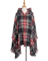 Poncho con cappuccio in classico motivo tartan rosso e verde con orlo a frange - Quadri neri