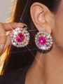 Luxury round rose red crystal stud earrings with double row sparkling white zircon halo - Rose Red Round Halo