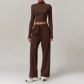 Damen 2-Teiler Lounge-Set in Kaffeebraun mit Crop Top und weiter Hose mit Tunnelzug - M / Langarm + Lange Jogginghose / Kaffeebraun