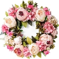 16-inch artificial peony and hydrangea wreath with pink and cream flowers for home decor - 16inches/40cm / White and Pink Style A
