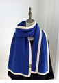Blue knitted wool scarf with cream border and premium leather tag for winter - Blue
