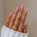 Barbie pink French almond nails with red heart accent and elegant gold heart rings - XB-26-14 Hot Pink French Heart Almond