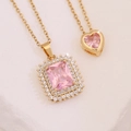 Parure collier et bracelet dorés avec pendentifs zircon rose cœur et carré sur rochers - Style Carré de Cœur (7#)