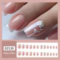 Pink French press-on nails with white embossed flowers and rhinestones, DZ130 model - Glue Type / DZ130 French Piled Rhinestones