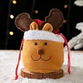 Braune Rentier-Filztasche für Weihnachten mit weißem Pelz und roten Kordelzügen - AFLD4-1 Kaffee Rentier 14.5x15cm