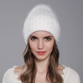White winter knit hat for women with fuzzy faux fur texture and sparkling silver sequins - White