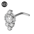 L-shaped G23 titanium nose stud featuring five sparkling clear cubic zirconia crystals - Deluxe Five-Stone Cluster (Style 13 L-Shaped) / 0.8x7mm