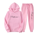 Pink fleece hoodie and sweatpants set featuring California graphic in a flat lay view - S / Pink