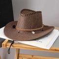 Detail of a brown woven cowboy hat with leather band, metallic beads, and shells - Adult (55-60cm) / Brown