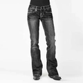 Nahaufnahme der Retro-Bootcut-Jeans in Dunkelgrau mit klassischen Kontrastnähten - XS / Dunkelgrau
