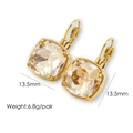 Detail view of 14k gold plated square lever-back earrings showing 13.5mm size and 6.8g weight - Champagne