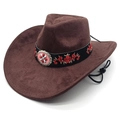 Détail du chapeau de cowboy en suédine marron avec broderie florale et boucle métal - M (56-58cm) / Châtain