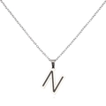 Macro detail of silver stainless steel letter N pendant with black inlay on O-chain - Letter N
