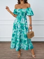 Dettagli del vestito floreale turchese a spalle scoperte con corpino a punto smock - Floreale Verde