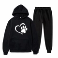 Two-piece black hooded tracksuit set with white heart and paw print graphic design - S / Black Heart Paw (6)