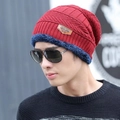 Burgundy winter knit beanie with warm navy plush lining and leather logo detail - Adult / Hat Only / Red