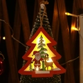 Illuminated red wooden Christmas tree ornament with LED light and festive deer scene - Red Glowing Christmas Tree Style
