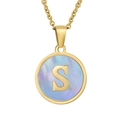 Collier minimaliste en acier doré avec pendentif initial S rond en nacre bleue - Lettre S (Chaîne Incluse)