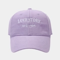 Close-up of Love Story embroidery on light purple wide brim baseball cap with air vents - Adjustable / Purple