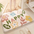 Plush floral bathroom mat with Happy text on beige background for shower floor - 40*60cm / Peanut-White