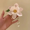 Pink and white magnolia flower hair clip with dangling pearl tassels and gold chain - Magnolia Pearl Hair Clip