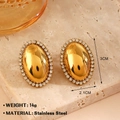 Golden oval stainless steel earrings with white zircon pavé setting and 3cm height - Gold Oval Stud Earrings