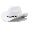 Close-up of white wool cowboy hat with black leather band and gold western buckle - M (56-58cm) Adjustable / White