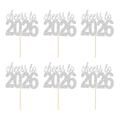 Lot de 6 pics à gâteaux argentés pailletés Cheers to 2026 pour fête du Nouvel An - cheers to 2026 / Lot de 6 / Argent