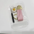 Pink leather car keychain with daisy flower charm and golden metal hardware set - Pink Keychain + Sunflower Charm