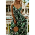 Bohemian V-neck sleeveless maxi dress in green and white palm leaf print with high waist - S / Green