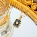 Vintage style rectangle pendant necklace with black enamel and gold star detail - Gold Black Enamel Quadrilateral (C143)