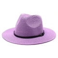 Foldable wide brim lavender straw fedora hat with black leather band and metal buckle for beach - M (56-58cm) / Taro Purple