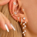 Golden butterfly and flower ear piercing set with sparkling zircons on female ear - Leaf Butterfly Style (3427)
