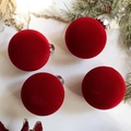 Set of 4 burgundy velvet flocked Christmas ball ornaments with silver hanging caps - Burgundy Solid Color Flocked Ball