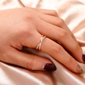 Crossed rose gold adjustable ring with white zircon pave setting on silk fabric - SE719 Cross Ring