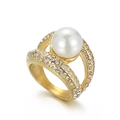 Elegant gold plated titanium steel ring featuring a large pearl and sparkling pavé crystals - US Size 6 / Luxury Double Row Hollow Pearl Style (KR32031-K)