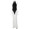 Elegant halter neck bodycon maxi dress in a striking black and white color block design - S / Black