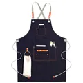 Denim blue canvas work apron with leather cross-back straps and multi-function pockets - Blue Denim with Ribbon Straps & Metal Loop