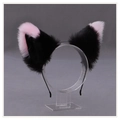 Handmade black and pink plush lolita cat ear headband on a transparent display stand - One Size