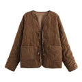Vintage bruine gewatteerde corduroy damesjas met striksluiting en losse pasvorm - S / koffiekleur