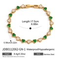18K gold stainless steel bracelet with green and white heart-shaped zircon stones - Gold Heart Green White Stone Style (JDB0112062-GN-1)