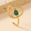 Adjustable gold plated stainless steel ring with malachite teardrop and sparkling zircon - One Size(Adjustable) / Gold-Green