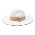 White wide brim wool felt fedora hat featuring a gold satin band with a bee ornament - M (56-58cm) / White