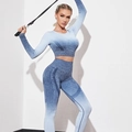 Set da yoga sfumato blu senza cuciture con crop top a maniche lunghe e leggings a vita alta - S / Blu Grigio