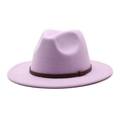Detail of light purple wool fedora hat featuring a brown textured belt with geometric patterns - M (56-58cm) / Taro Purple