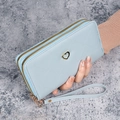 Light blue double zipper wallet with geometric texture and heart buckle detail - Blue