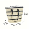 Borsa tote in paglia a righe nere e beige con tracolla in finta pelle nera morbida - Bianco Sporco