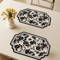 Waterproof leather placemat with black rose floral print and decorative text borders - Map Shape Badge / 4 Pieces / French Vintage Style-M