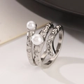 Silver open ring featuring textured hammered finish and dual white pearl accents - Silver Hammered Pearl Open Ring (DZ-488)