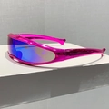 Side view of pink metallic Y2K sports sunglasses with blue reflective lenses on a pedestal - Electroplated Purple Frame Green Mirror Lens